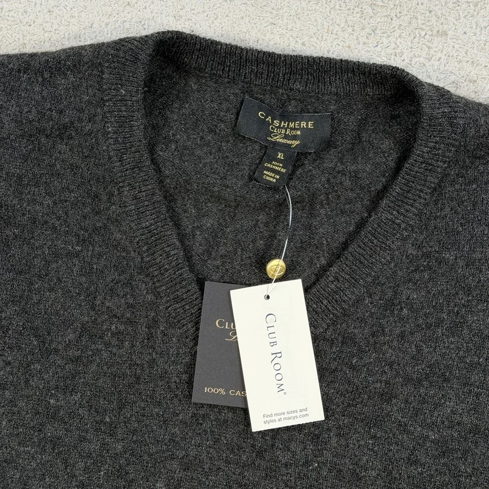 Club Room Sweater Mens XL Dark Grey 100% Cashmere 2 Ply V-Neck Pullover Soft NEW